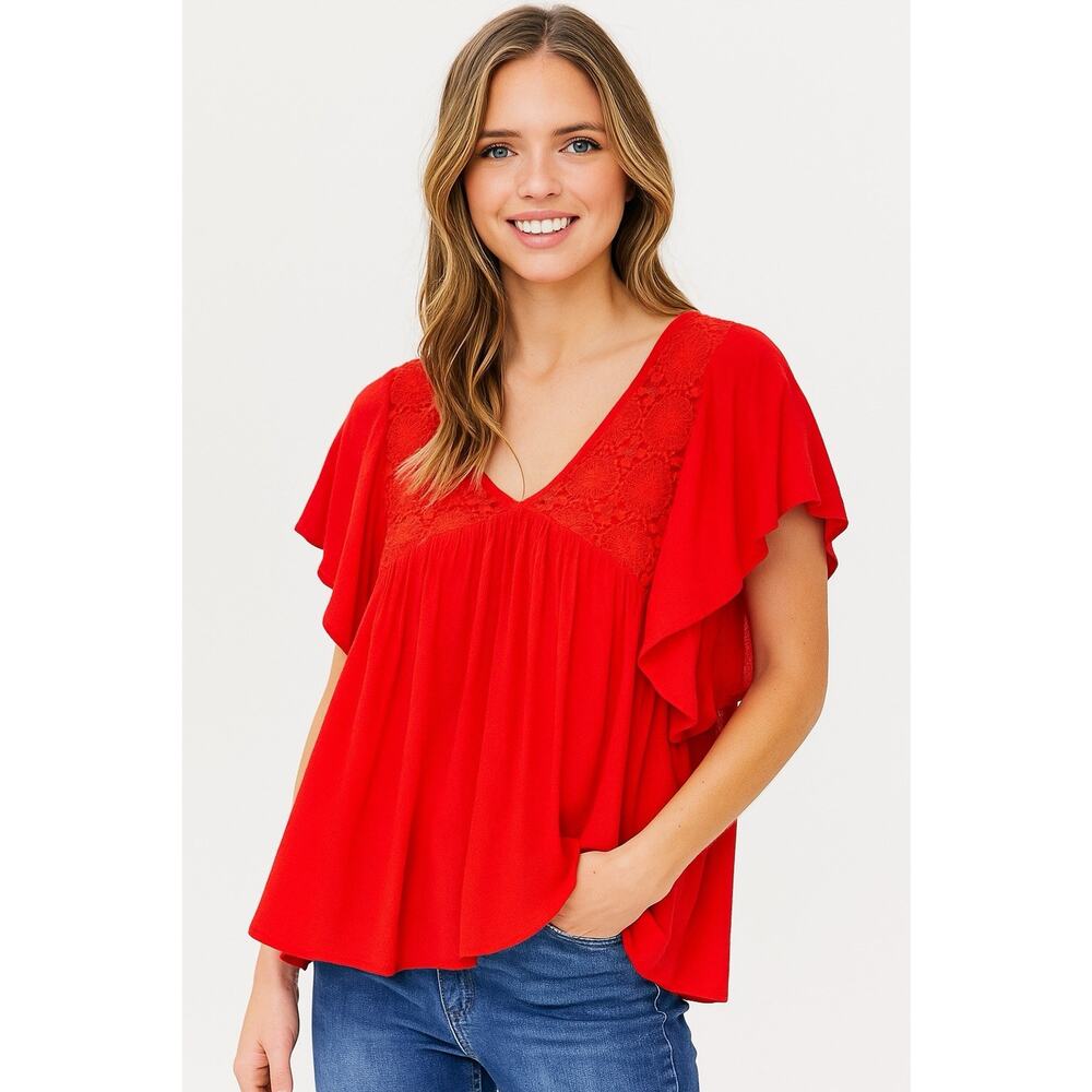 Umgee Women’s Orange Red Flowy Crochet Accent Boho V Neck Top Size Small